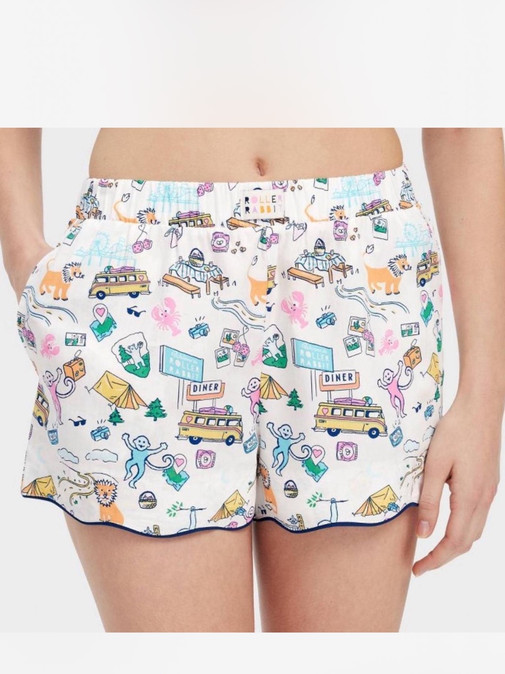 Nwt Roller Rabbit Women's White Camp Print Cotton Shorts Xs Oversized Boxers